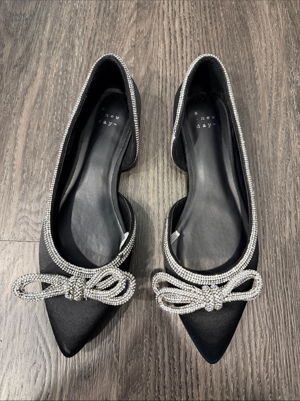a new day Black Satin Pointed Toe Flats with Rhinestone Bow Trim
